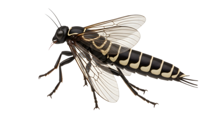 Illustration of a large, black and yellow striped insect with transparent wings and long antennae, resembling a wasp or hornet.