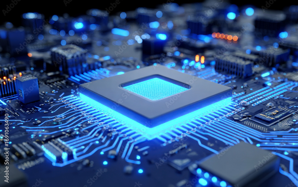 Aufkleber close-up view of a modern computer circuit board with glowing components