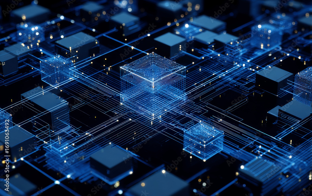 Aufkleber advanced digital circuit board with glowing cube structures