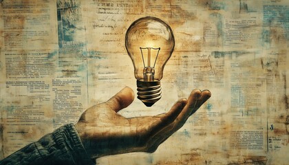 Hand-Cut Paper Collage With Light Bulb Idea Symbol, Magazine Clippings, And Retro Poster Doodle Elements. Creative Grunge Art Piece.