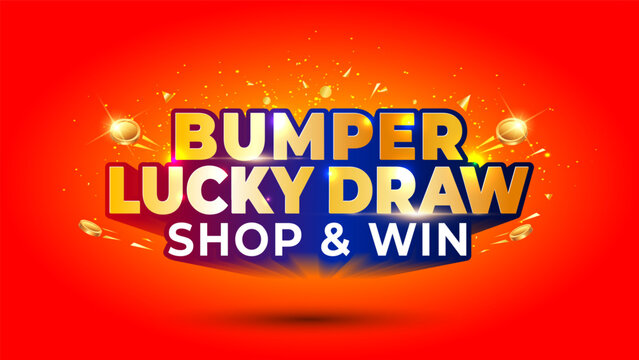 Bumper Lucky Draw shop and win prize offer. Sale promotion 3d Logo unit design with festive background.