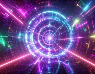 Abstract neon tunnel with circular light patterns