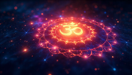 Cosmic digital artwork with the sacred Om (ॐ) symbol glowing at the center, surrounded by a radiant mandala made of stardust and nebula patterns.