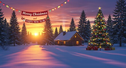 Cozy log cabin in snowy forest at sunset with christmas tree and festive lights