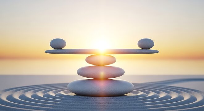 Zen stones balanced on a raked sand garden at sunset