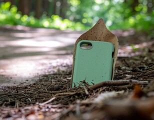 Green phone case eco friendly biodegradable compostable in forest nature outdoors environment product shot