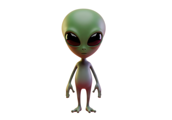 A curious green alien standing upright against a black background
