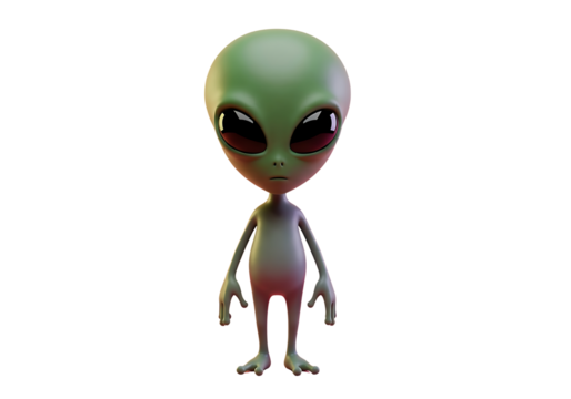 A curious green alien standing upright against a black background