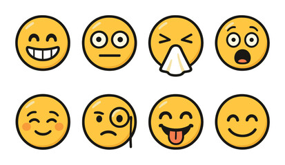 Fototapeta premium Set of eight diverse cartoon emoji faces with varied expressions on brown background