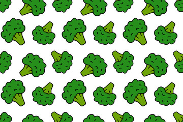 Seamless pattern with cartoon broccoli in flat style. Perfect for kids illustrations, packaging, textiles and modern design. Vector illustration EPS10.