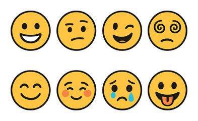 Set of eight diverse yellow emoticons displaying various facial expressions