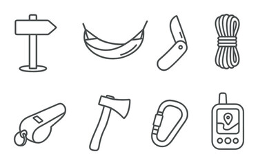 Camping essentials icons: hammock, axe, knife, rope, whistle, carabiner, gps