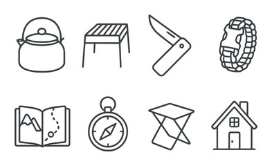 Outdoor adventure icons: kettle, grill, knife, watch, map, compass, origami, house
