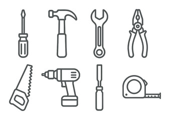 Tool silhouettes: hammer, screwdriver, wrench, pliers, saw, drill, chisel, tape measure