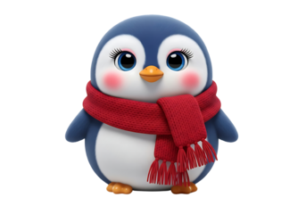 Adorable cartoon penguin with big eyes and a red scarf