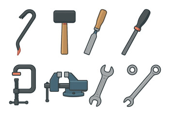 Hand tools set: crowbar, hammer, chisel, file, clamp, vise, wrenches, nuts