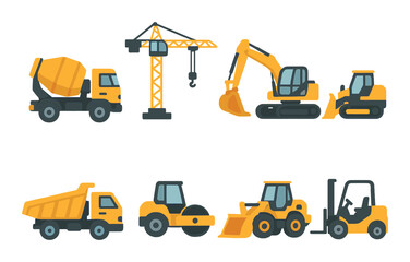Set of cartoon construction vehicles: cement mixer, crane, excavator, bulldozer, forklift