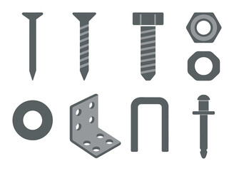 Collection of hardware tools: nails, screws, bolts, nuts, and washers on dark background