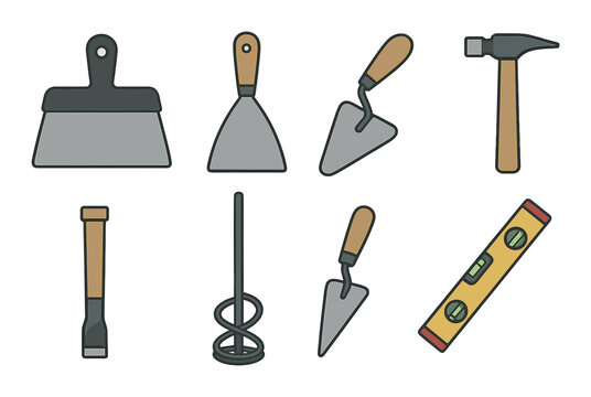 Construction tools illustration: hammer, trowel, level, spatula