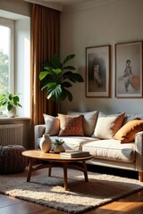 Cozy living room interior with comfortable sofa, patterned cushions, stylish coffee table, and warm lighting, creating a relaxed and inviting atmosphere , contemporary design, bohemian design