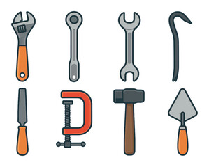 Assorted manual tools set: wrench, spanner, hammer, crowbar, chisel, clamp, trowel
