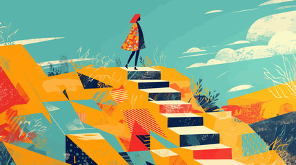 Woman Ascending Stairs Abstract Illustration of Overcoming Challenges and Reaching Goals