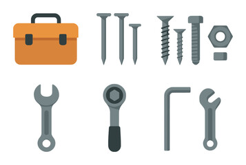 Orange toolbox with assorted tools and fasteners on dark background