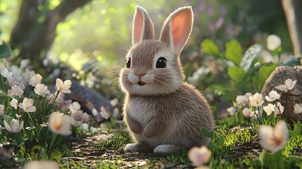 Fototapeta premium Adorable Cottontail Bunny Smiling in a Blossoming Meadow, Capturing the Joy of Springtime with Charm and Delight
