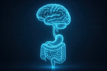 Digital Human Anatomy Illustration: A striking digital illustration depicts the human brain and digestive system, rendered in a vibrant, futuristic glow against a dark backdrop.