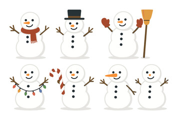 Cheerful snowmen with accessories and holiday decor background