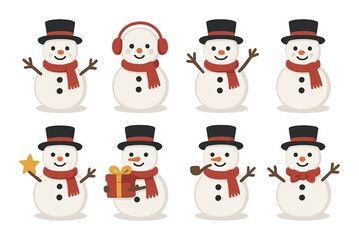 Festive snowmen variations with scarves and hats in holiday scene