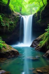 Fototapeta premium Serene waterfall cascading over mossy rocks, creating a tranquil and peaceful atmosphere perfect for relaxation and meditation Imagine the soothing sounds of nature , zen, rejuvenating, calmness