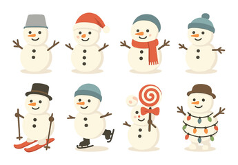 Festive snowmen with hats, scarves, and accessories in winter scene