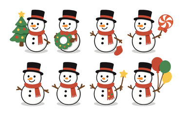 Festive snowmen with accessories and holiday decor in various poses