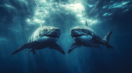 Fototapeta premium Two great white sharks swimming in tandem through the deep blue ocean illuminated by overhead sun rays