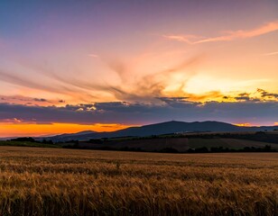Golden sunset over a harvested field
