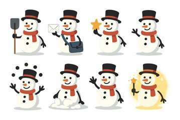 Cheerful snowmen in winter scenes with top hats and scarves