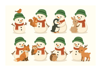 Cute snowmen with forest animals: squirrel, penguin, rabbit, fox, owl, hedgehog, deer