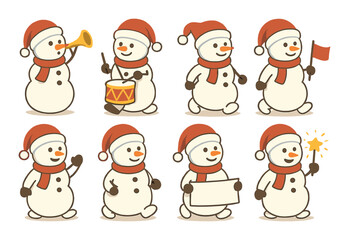 Festive cartoon snowmen illustrations with instruments and accessories