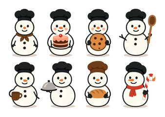 Festive snowmen chefs with cakes, cookies, and baking accessories