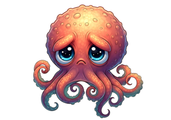 Cute Cartoon Octopus with Big Eyes Feeling Sad and Lonely