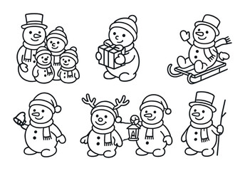 Cheerful snowman collection with winter accessories and activities