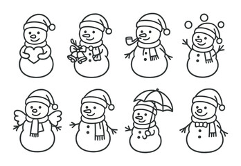 Hand-drawn snowmen with accessories on monochrome background