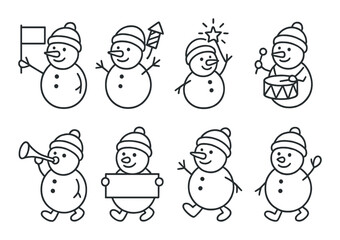 Cartoon snowman illustration: festive activities with accessories on dark background