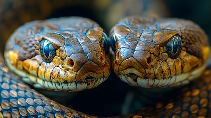 Fototapeta premium Detailed close up of two snake heads highlighting intricate scale patterns and intensely focused eyes