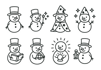 Whimsical snowmen illustrations with magical and festive accessories