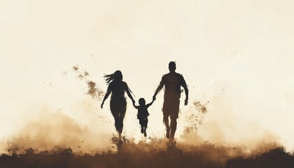 Parents And Child Happily Running And Holding Hands, A Joyful Family Moment Captured In A Beautiful Single Art Piece.