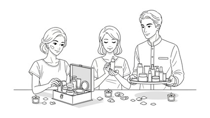 Three people a woman a younger woman and a man are gathered around a table examining and selecting various small bottles and containers possibly cosmetics or perfumes from an open box and tray
