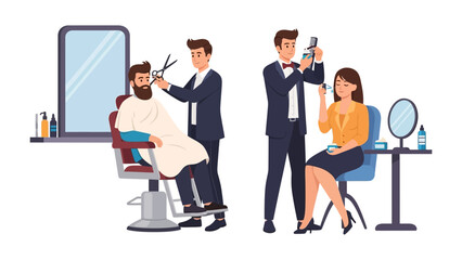 Professional barbers in stylish suits meticulously giving haircuts and styling hair to male and female clients in a modern salon setting