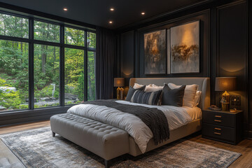 Large bed against black wall.